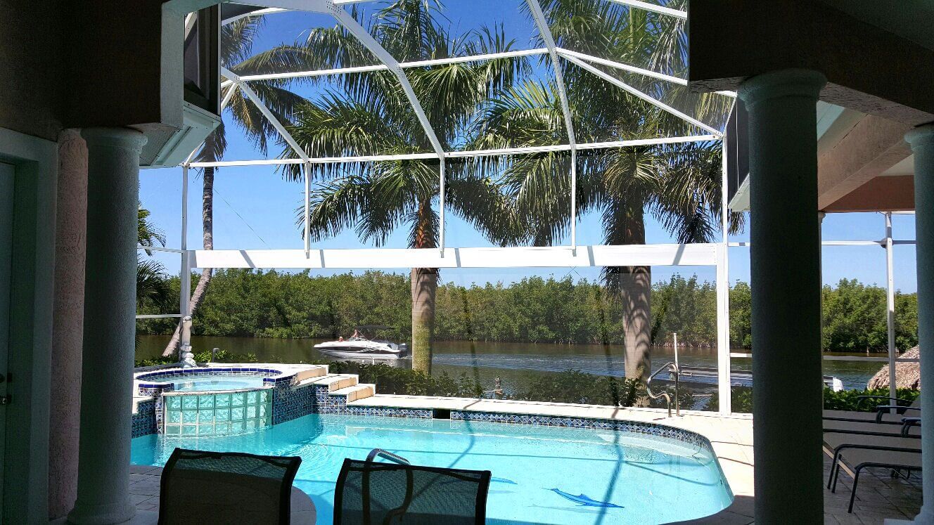 Screened pool overlooking canal with palm trees