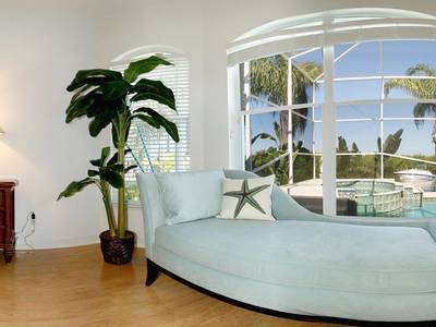 A couch in front of a window with a plant.